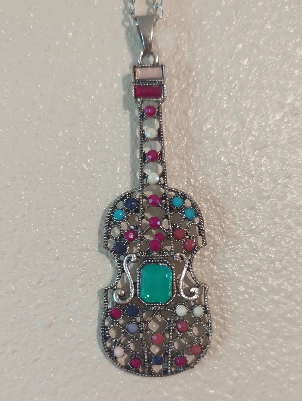 Colorful Jeweled Violin Pendant Necklace